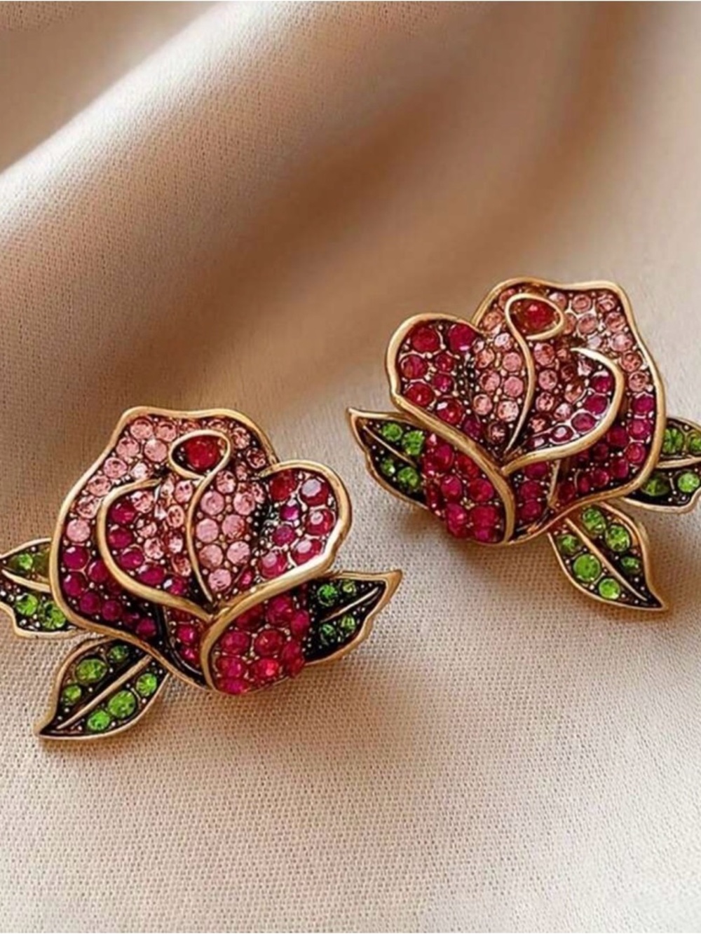 Crystal Rose Floral Stud Earrings - Pink & Green